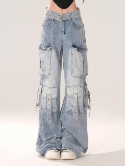 kelly kitty Blue Gradient Cheese Print Multiple Pockets Cargo Women&