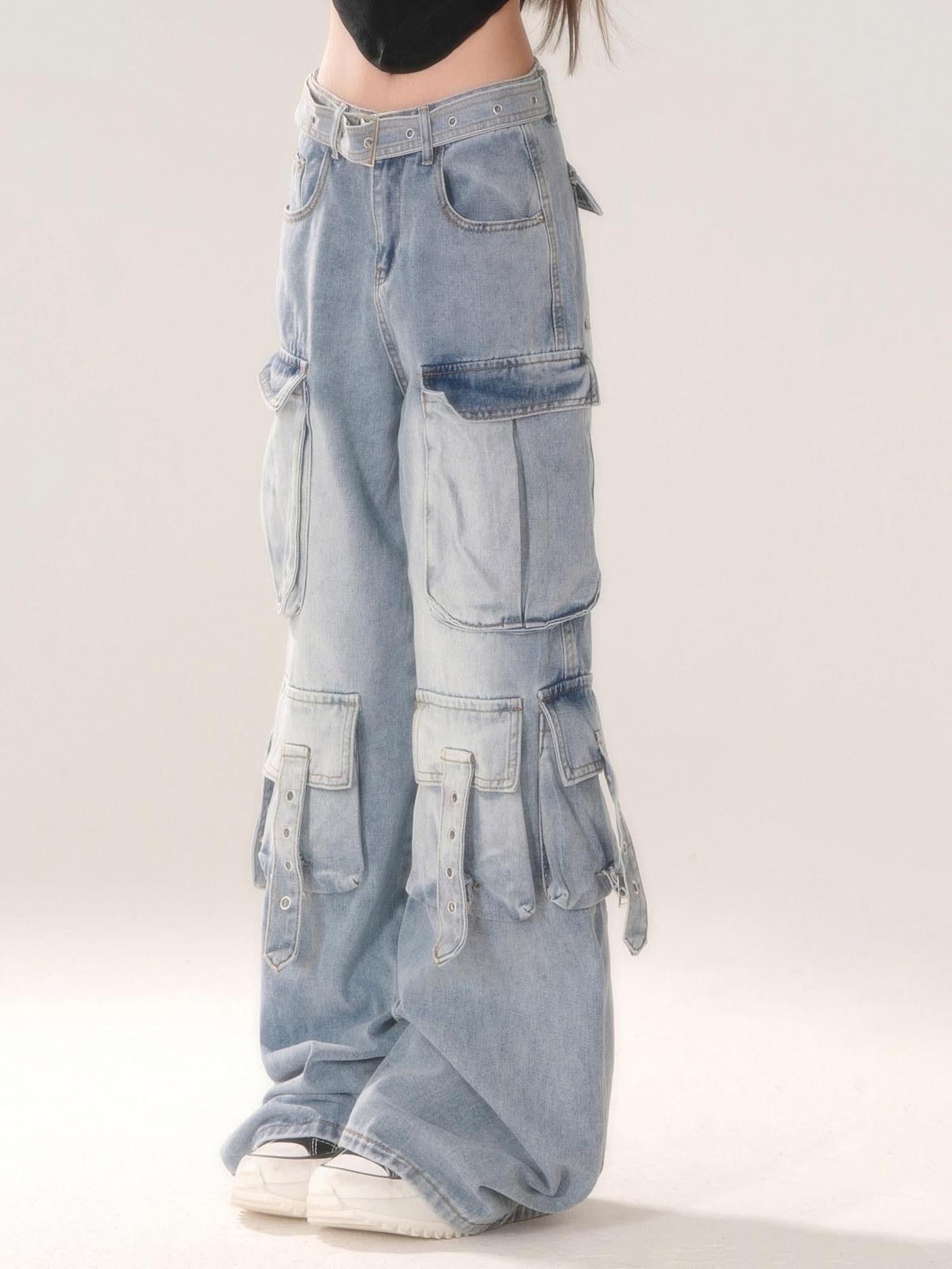 kelly kitty Blue Gradient Cheese Print Multiple Pockets Cargo Women&