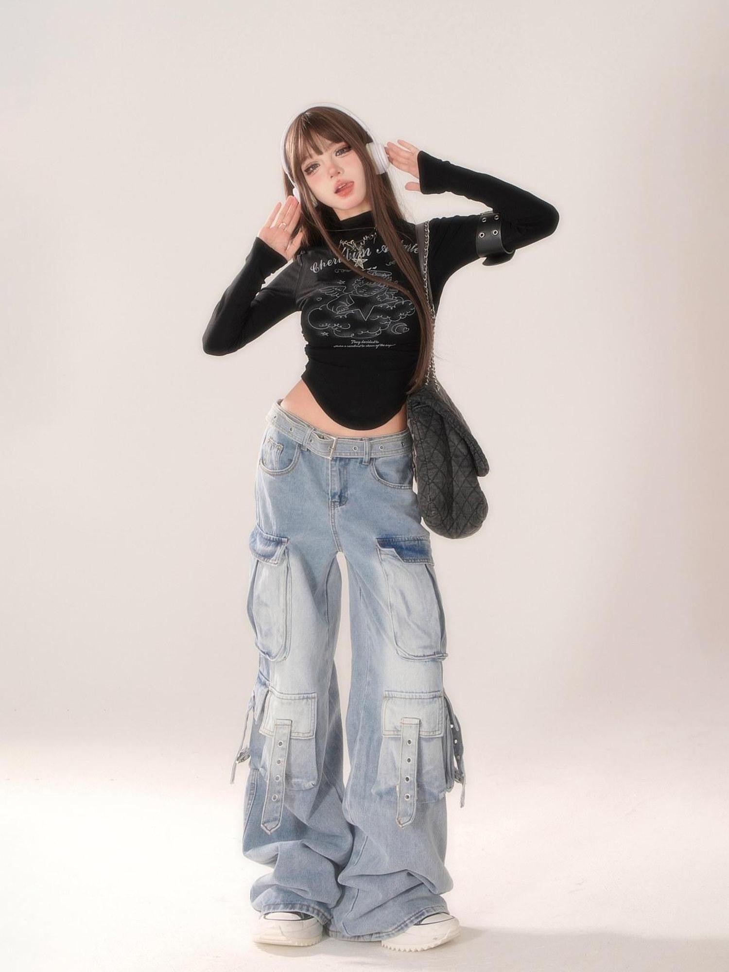 kelly kitty Blue Gradient Cheese Print Multiple Pockets Cargo Women&