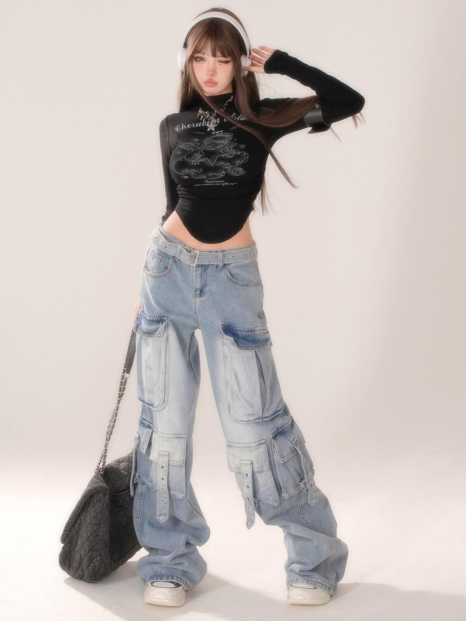 kelly kitty Blue Gradient Cheese Print Multiple Pockets Cargo Women&