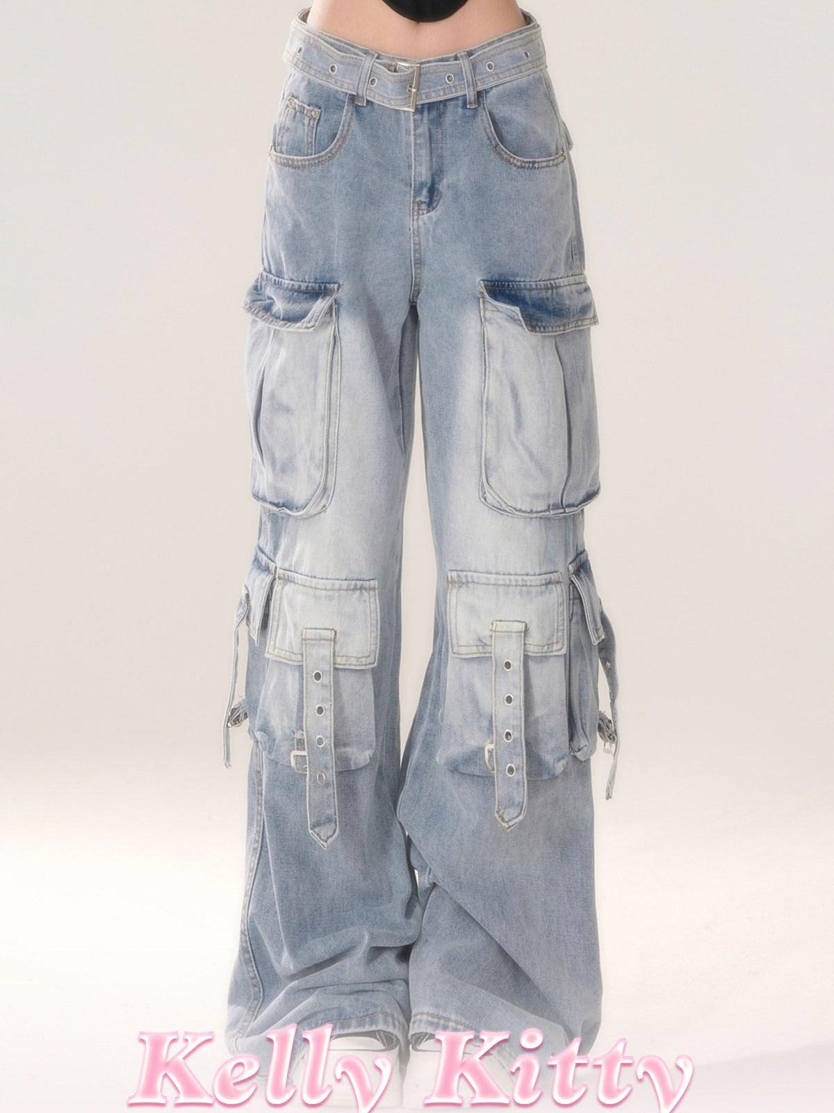 kelly kitty Blue Gradient Cheese Print Multiple Pockets Cargo Women&