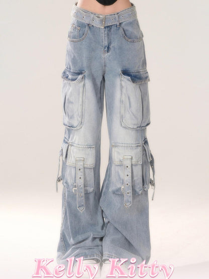 kelly kitty Blue Gradient Cheese Print Multiple Pockets Cargo Women&