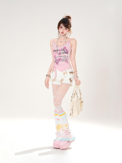 kelly kitty Butterfly Print Asymmetrical Drawstring Slim Fit Sleeveless Women&