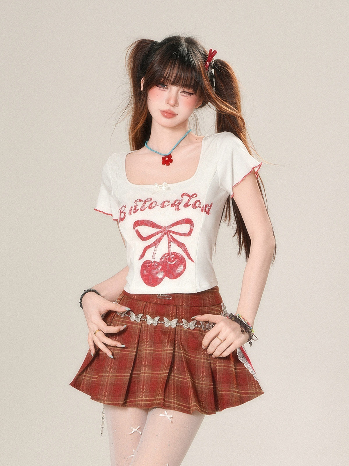 kelly_kitty_Cherry_Print_Slim_Fit_Straight_Shoulder_Short_Sleeve_Women&