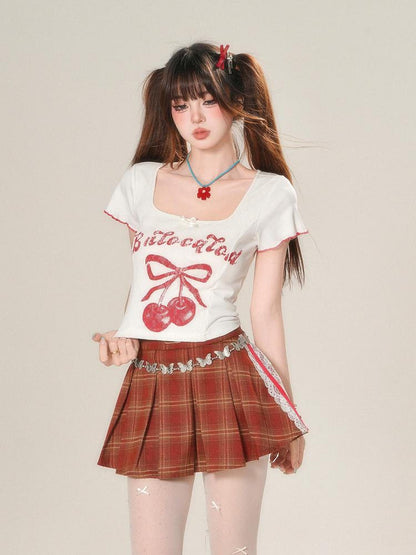 kelly kitty Cherry Print Slim Fit Straight Shoulder Short Sleeve Women&