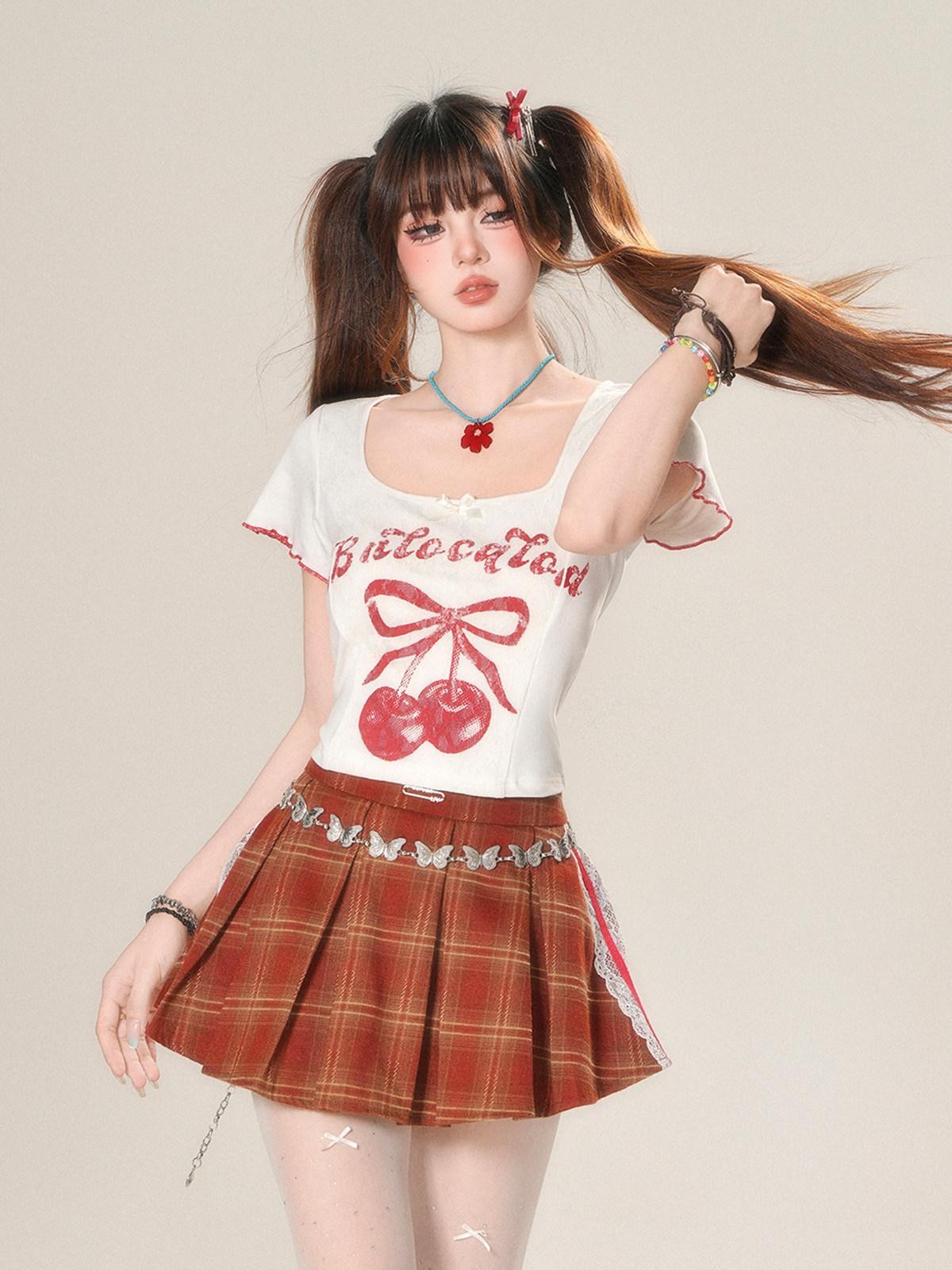 kelly kitty Cherry Print Slim Fit Straight Shoulder Short Sleeve Women&