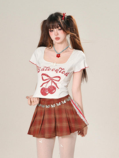 kelly kitty Cherry Print Slim Fit Straight Shoulder Short Sleeve Women&