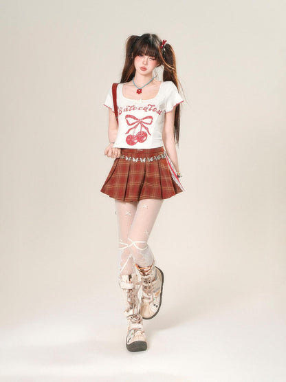 kelly kitty Cherry Print Slim Fit Straight Shoulder Short Sleeve Women&