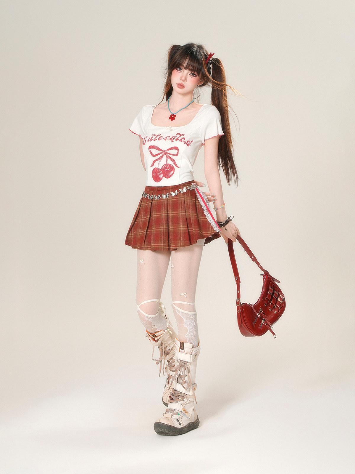 kelly kitty Cherry Print Slim Fit Straight Shoulder Short Sleeve Women&