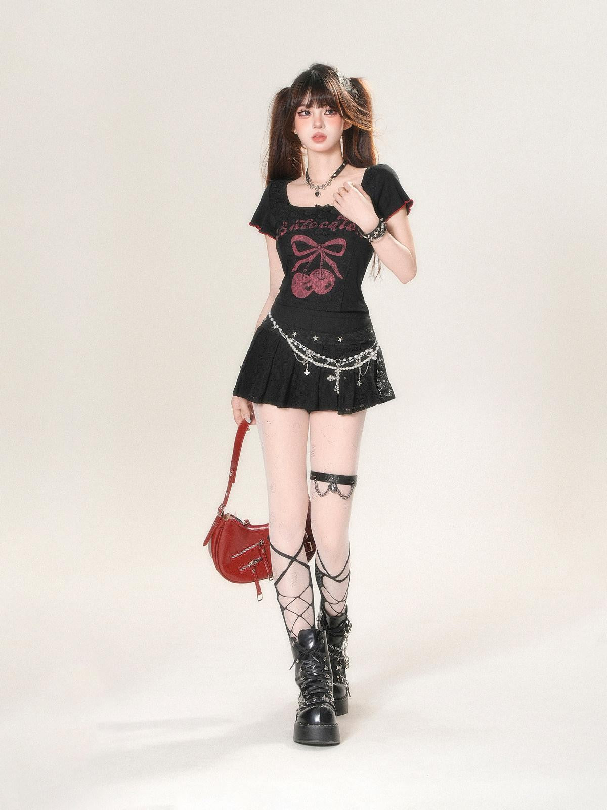 kelly kitty Cherry Print Slim Fit Straight Shoulder Short Sleeve Women&