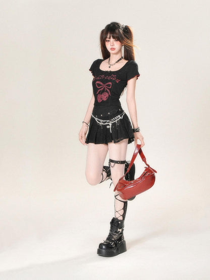 kelly kitty Cherry Print Slim Fit Straight Shoulder Short Sleeve Women&