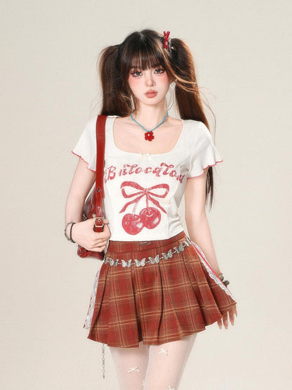 kelly kitty Cherry Print Slim Fit Straight Shoulder Short Sleeve Women&