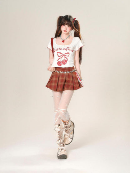 kelly kitty Cherry Print Slim Fit Straight Shoulder Short Sleeve Women&