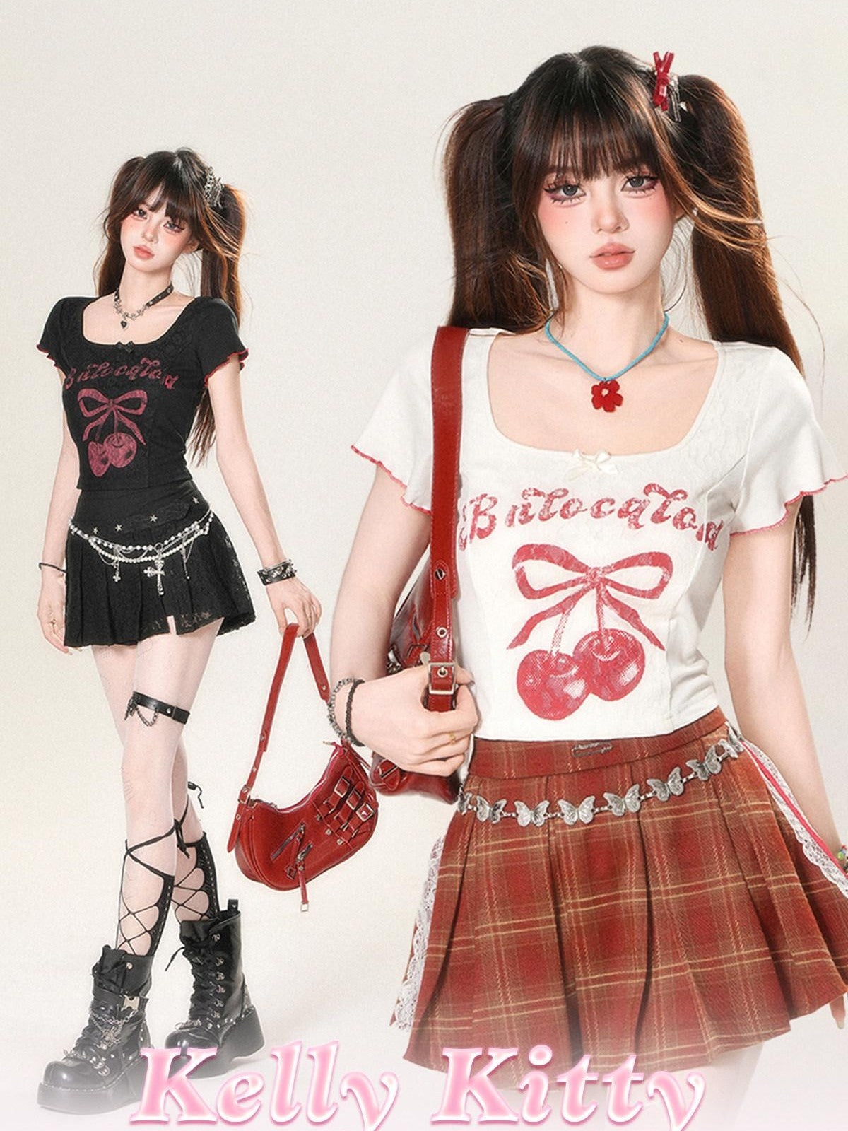 kelly kitty Cherry Print Slim Fit Straight Shoulder Short Sleeve Women&