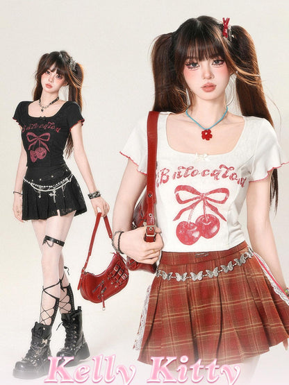 kelly kitty Cherry Print Slim Fit Straight Shoulder Short Sleeve Women&