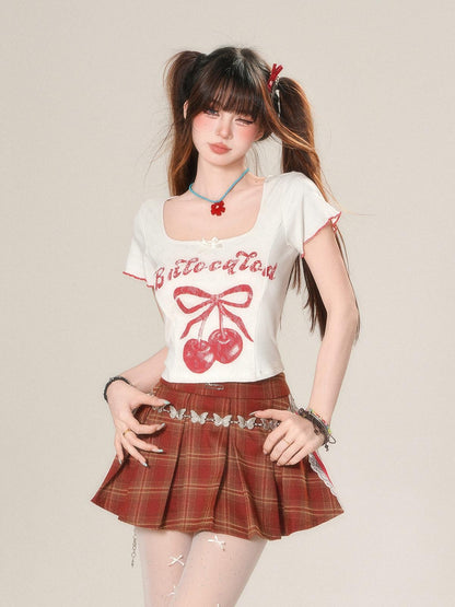 kelly kitty Cherry Print Slim Fit Straight Shoulder Short Sleeve Women&