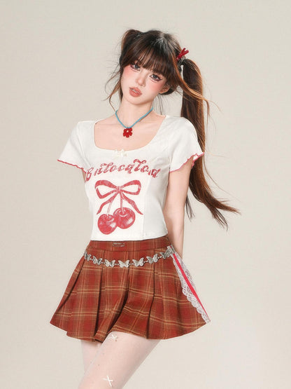 kelly kitty Cherry Print Slim Fit Straight Shoulder Short Sleeve Women&