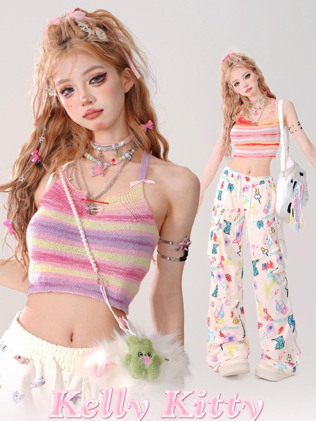 kelly kitty Colorful Knit Sweet Slim Fit Cropped Women&
