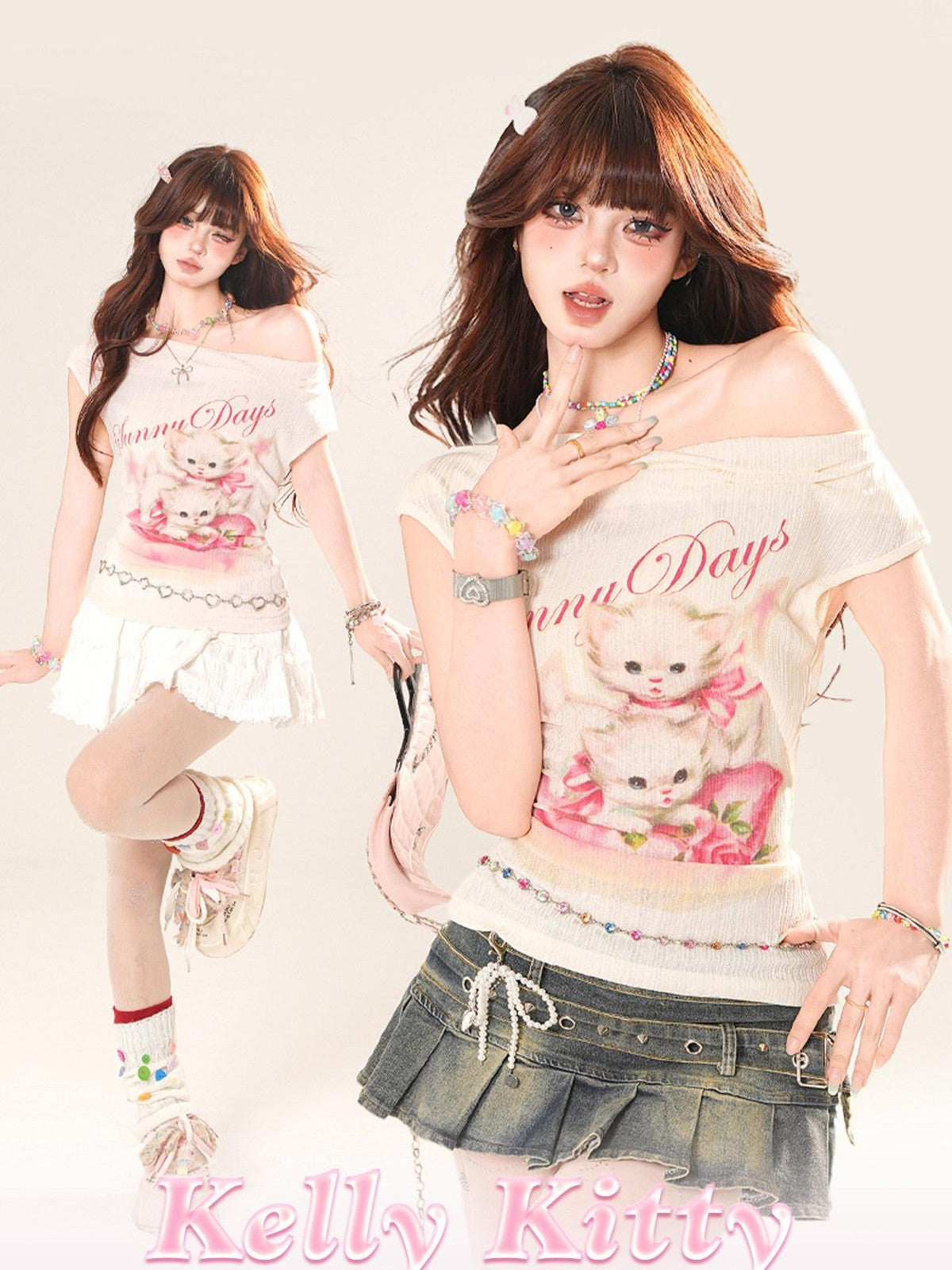 kelly kitty Cropped Short Sleeve Waist Shaping Sweet Sexy Women&