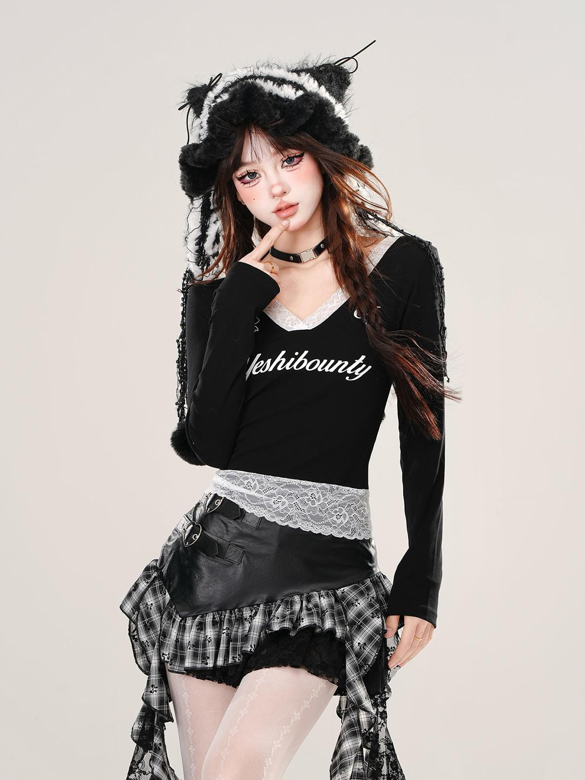 kelly kitty Cropped Slimming Lace Splice V-neck Women&