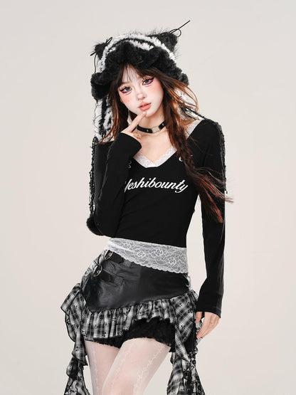 kelly kitty Cropped Slimming Lace Splice V-neck Women&