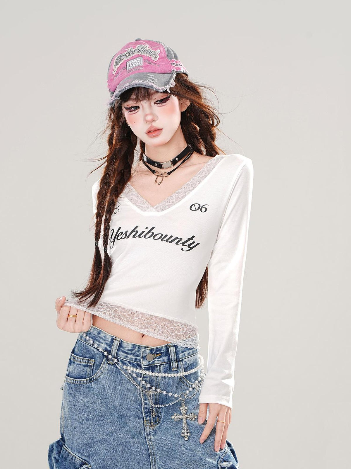 kelly kitty Cropped Slimming Lace Splice V-neck Women&