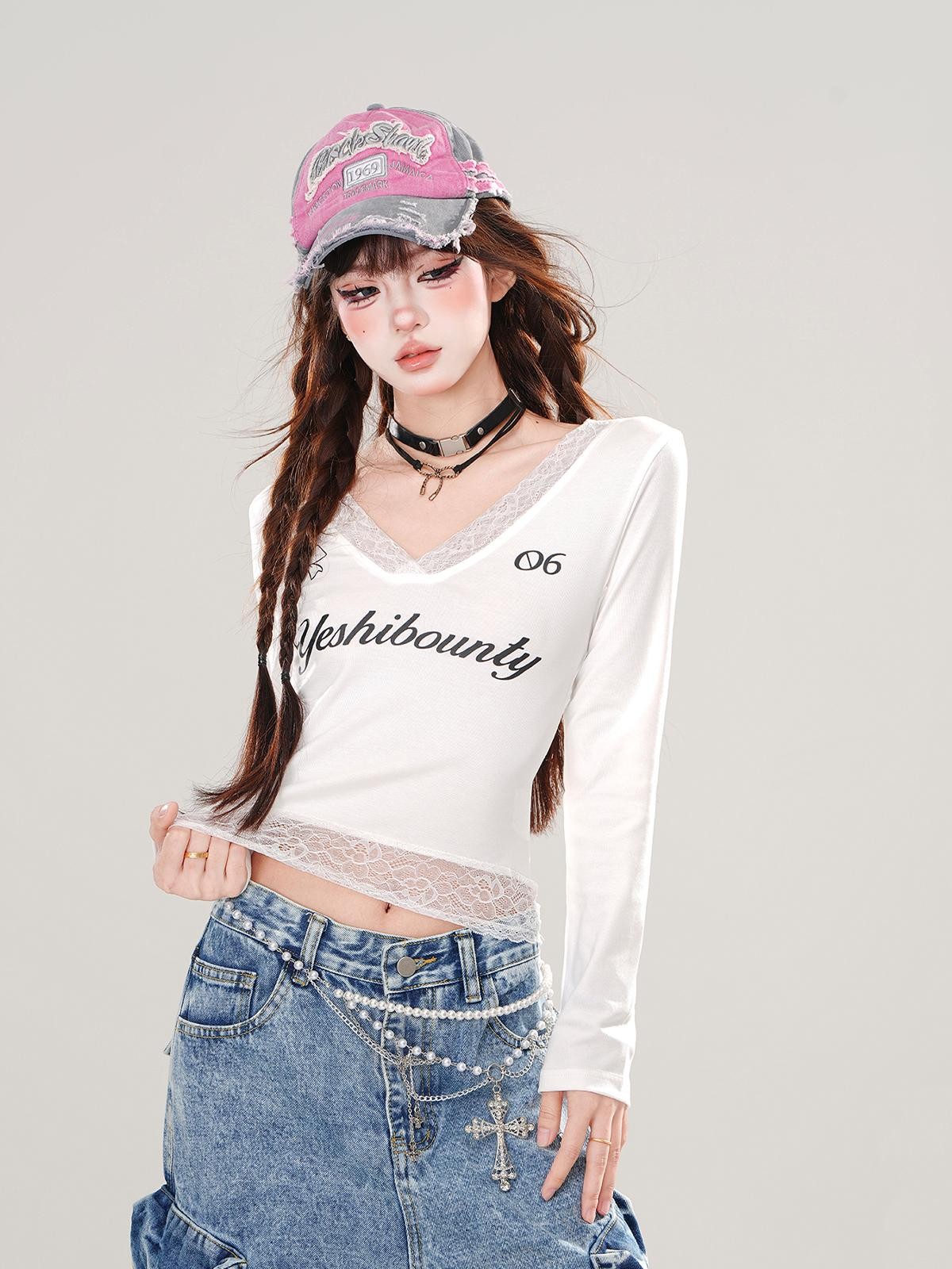 kelly kitty Cropped Slimming Lace Splice V-neck Women&