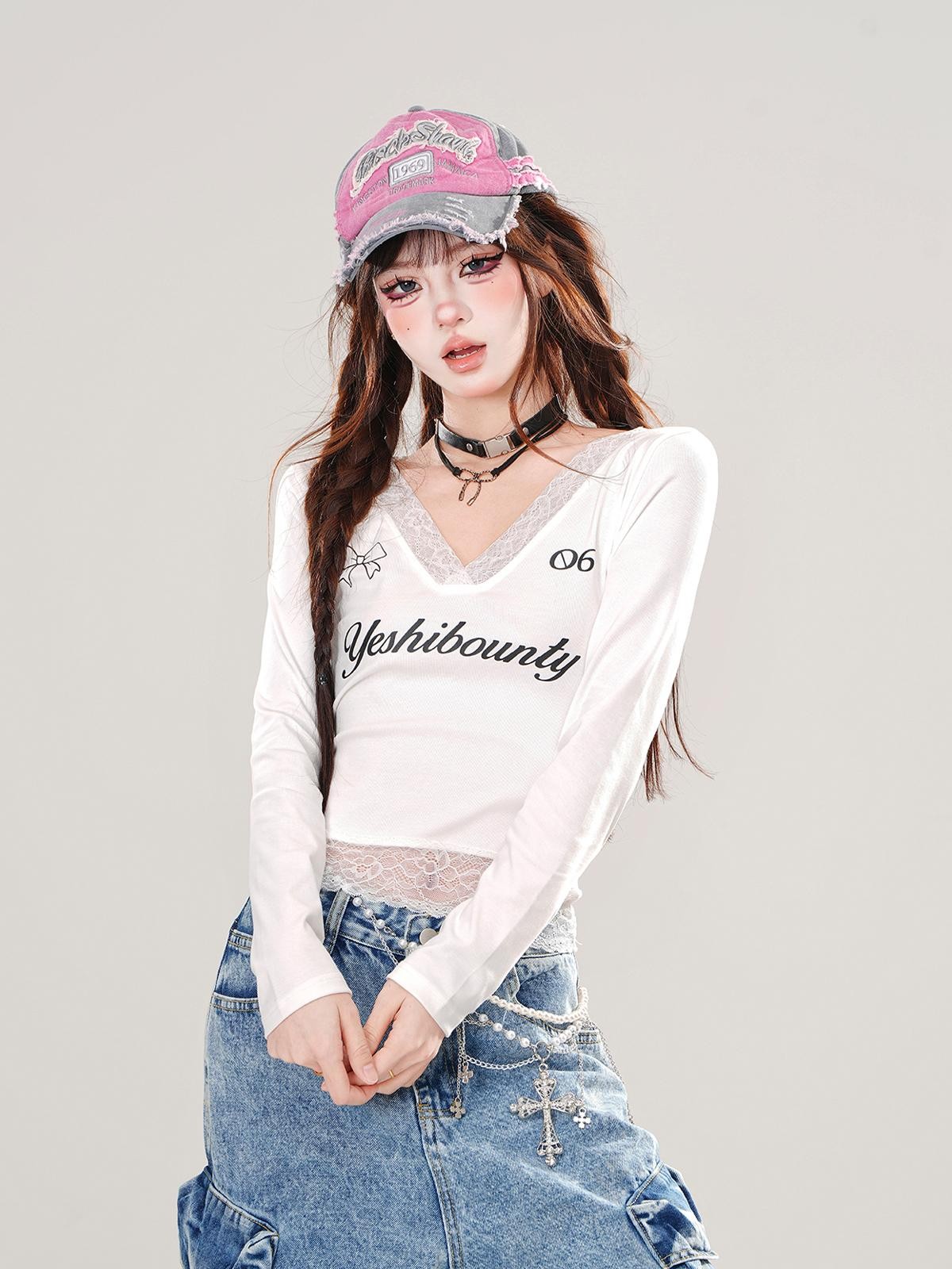 kelly kitty Cropped Slimming Lace Splice V-neck Women&