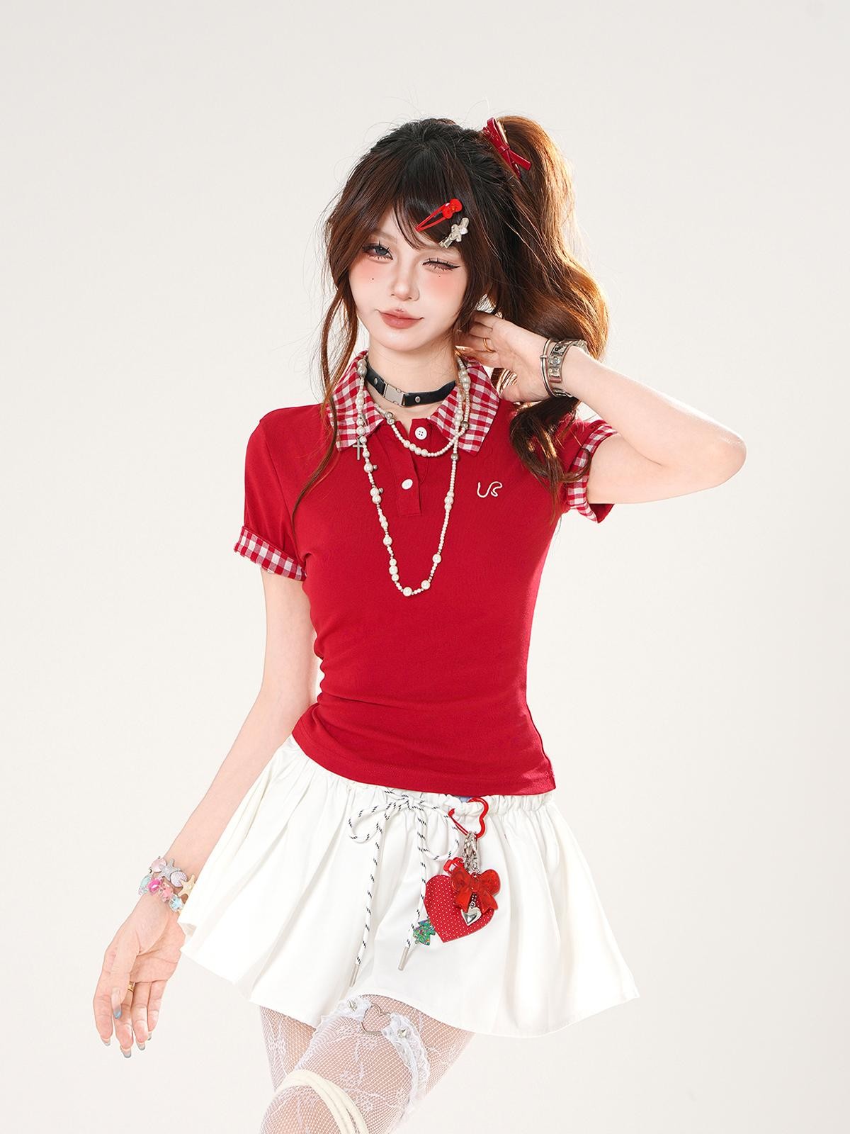 kelly kitty Cute Spliced Henley Cross Print Women&