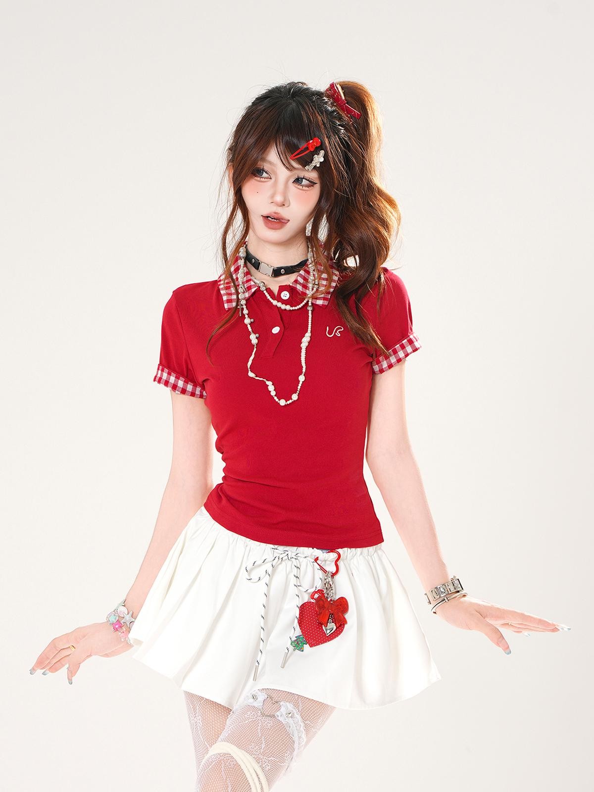 kelly kitty Cute Spliced Henley Cross Print Women&