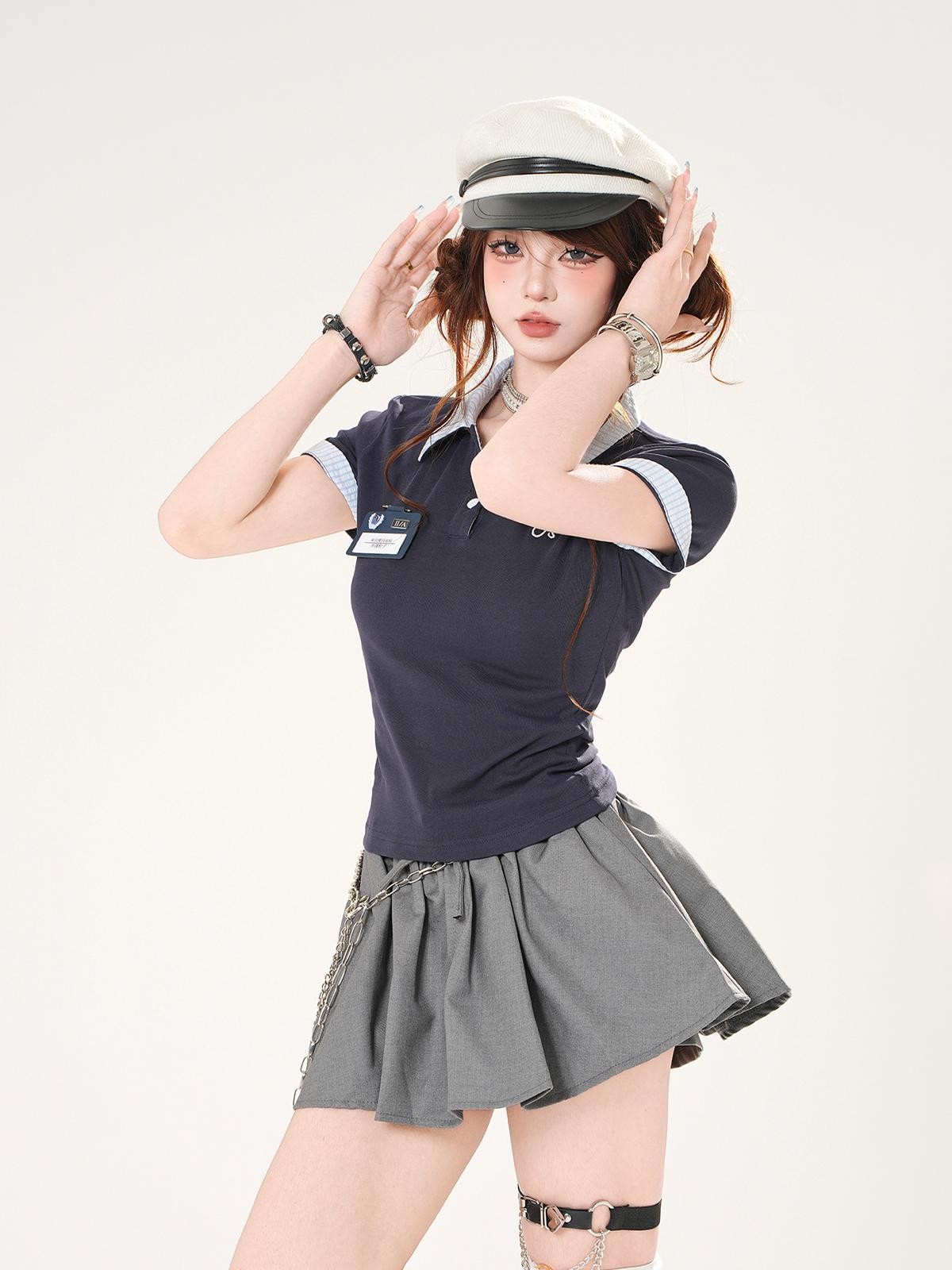 kelly kitty Cute Spliced Henley Cross Print Women&
