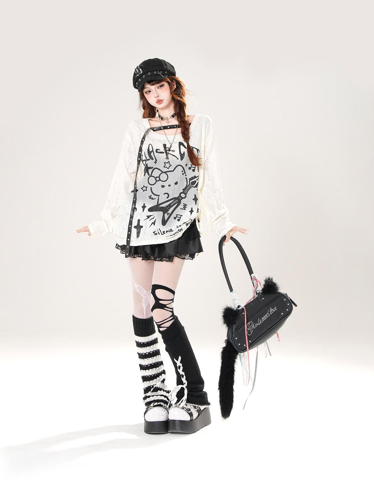 kelly kitty Guitar Cat Cutout Drawstring Relaxed Women&