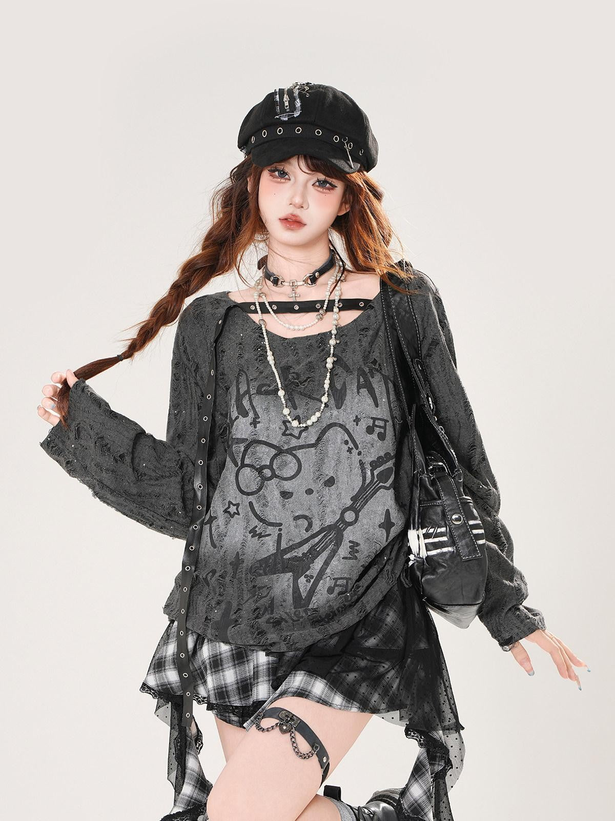 kelly kitty Guitar Cat Cutout Drawstring Relaxed Women&