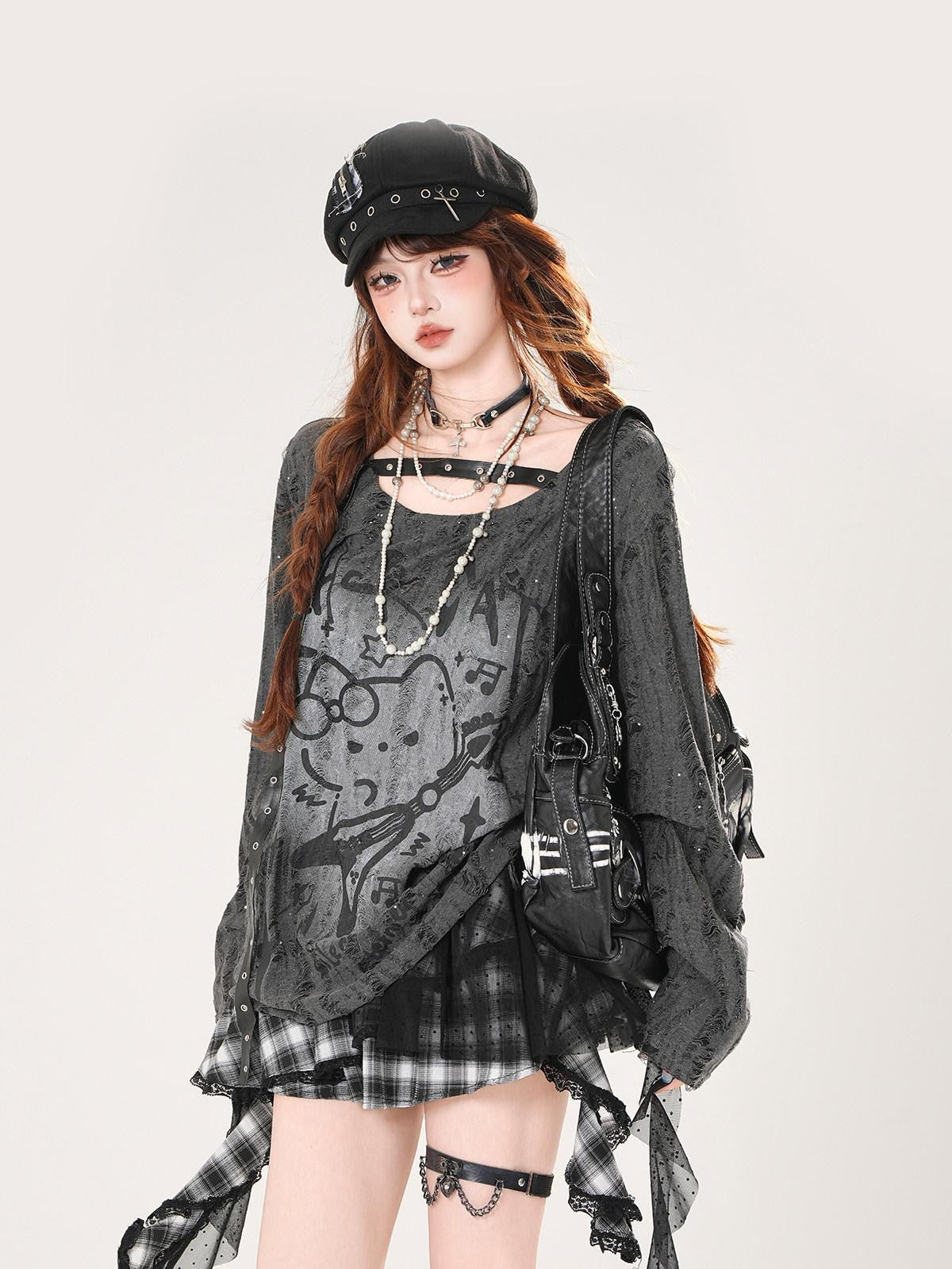 kelly kitty Guitar Cat Cutout Drawstring Relaxed Women&