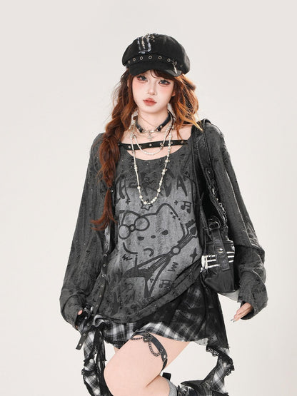 kelly kitty Guitar Cat Cutout Drawstring Relaxed Women&