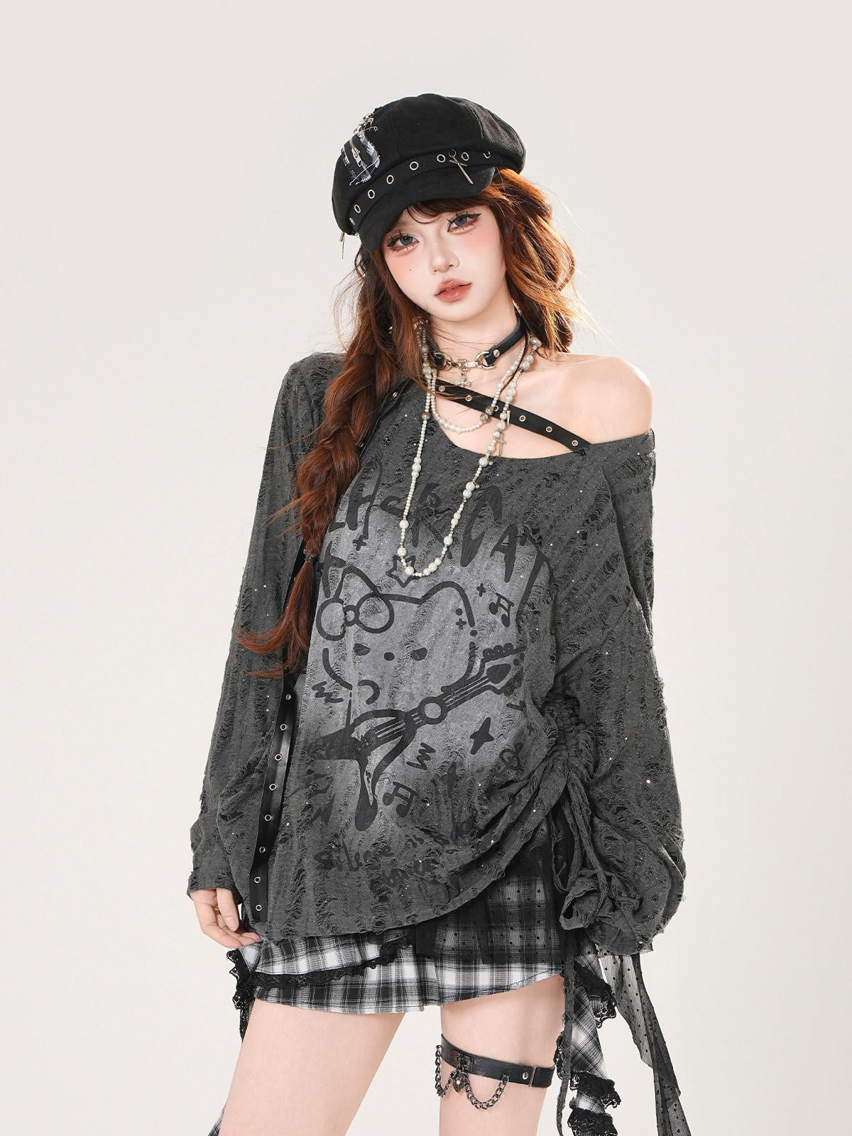 kelly kitty Guitar Cat Cutout Drawstring Relaxed Women&