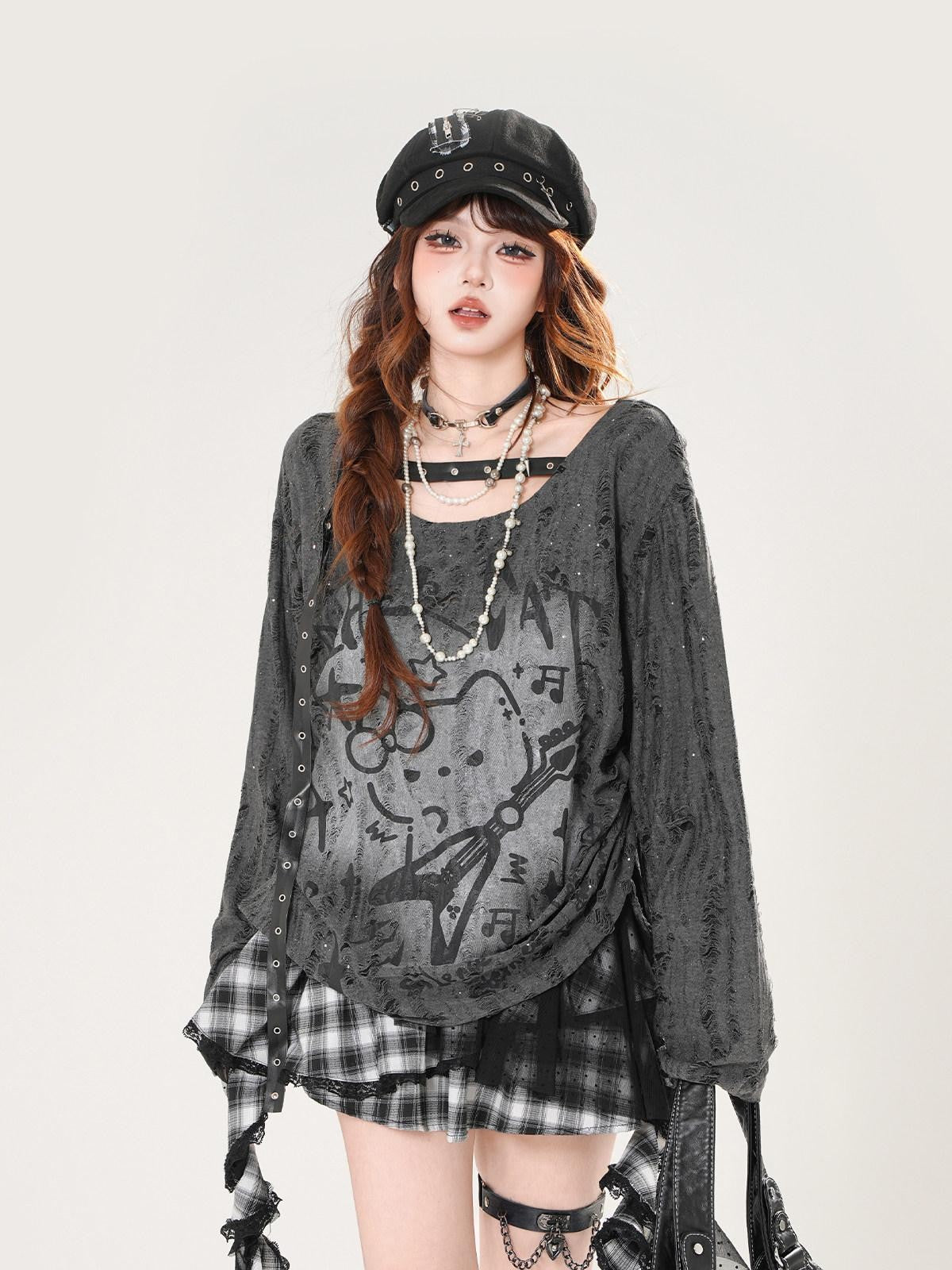 kelly kitty Guitar Cat Cutout Drawstring Relaxed Women&