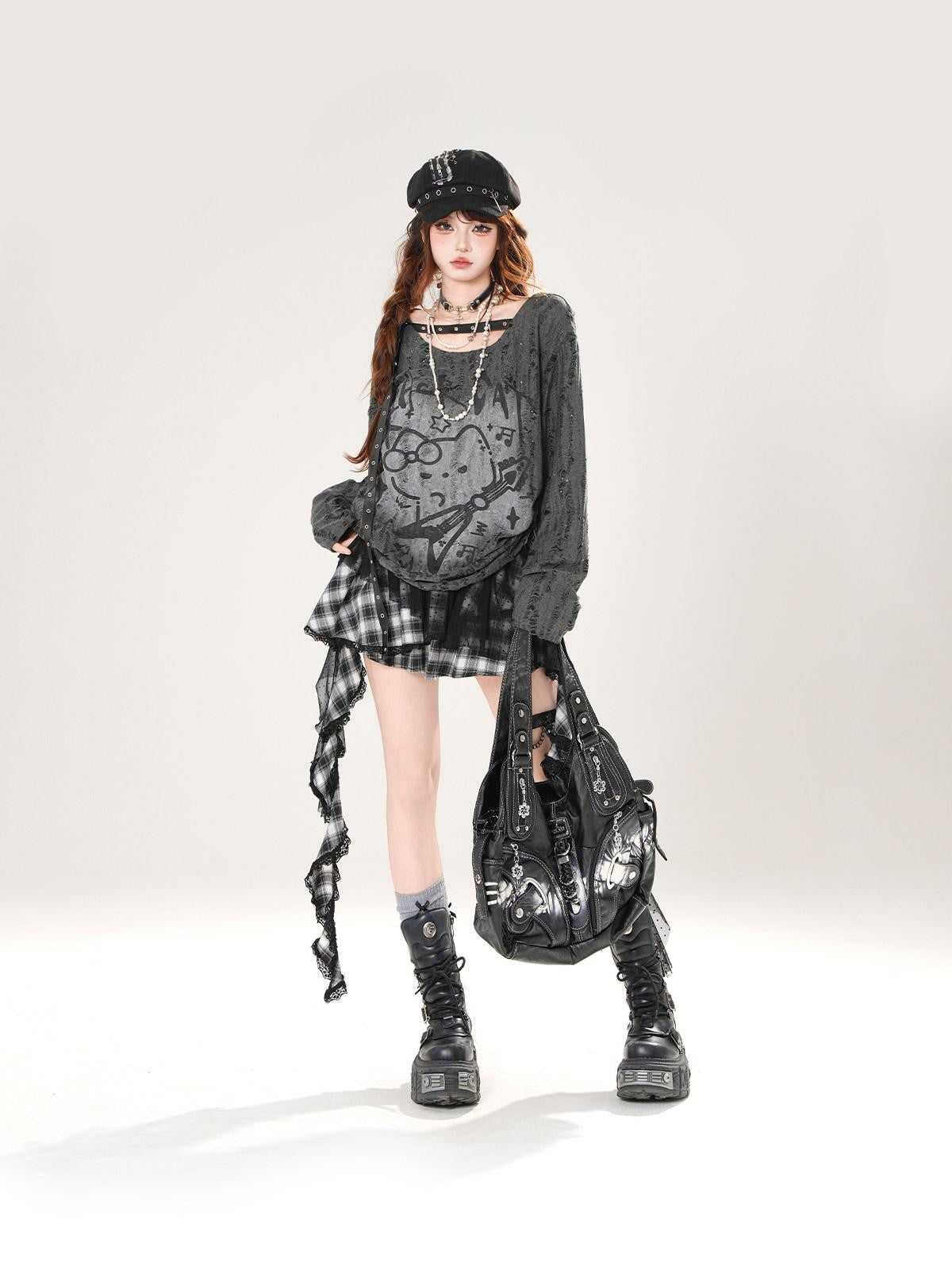 kelly kitty Guitar Cat Cutout Drawstring Relaxed Women&