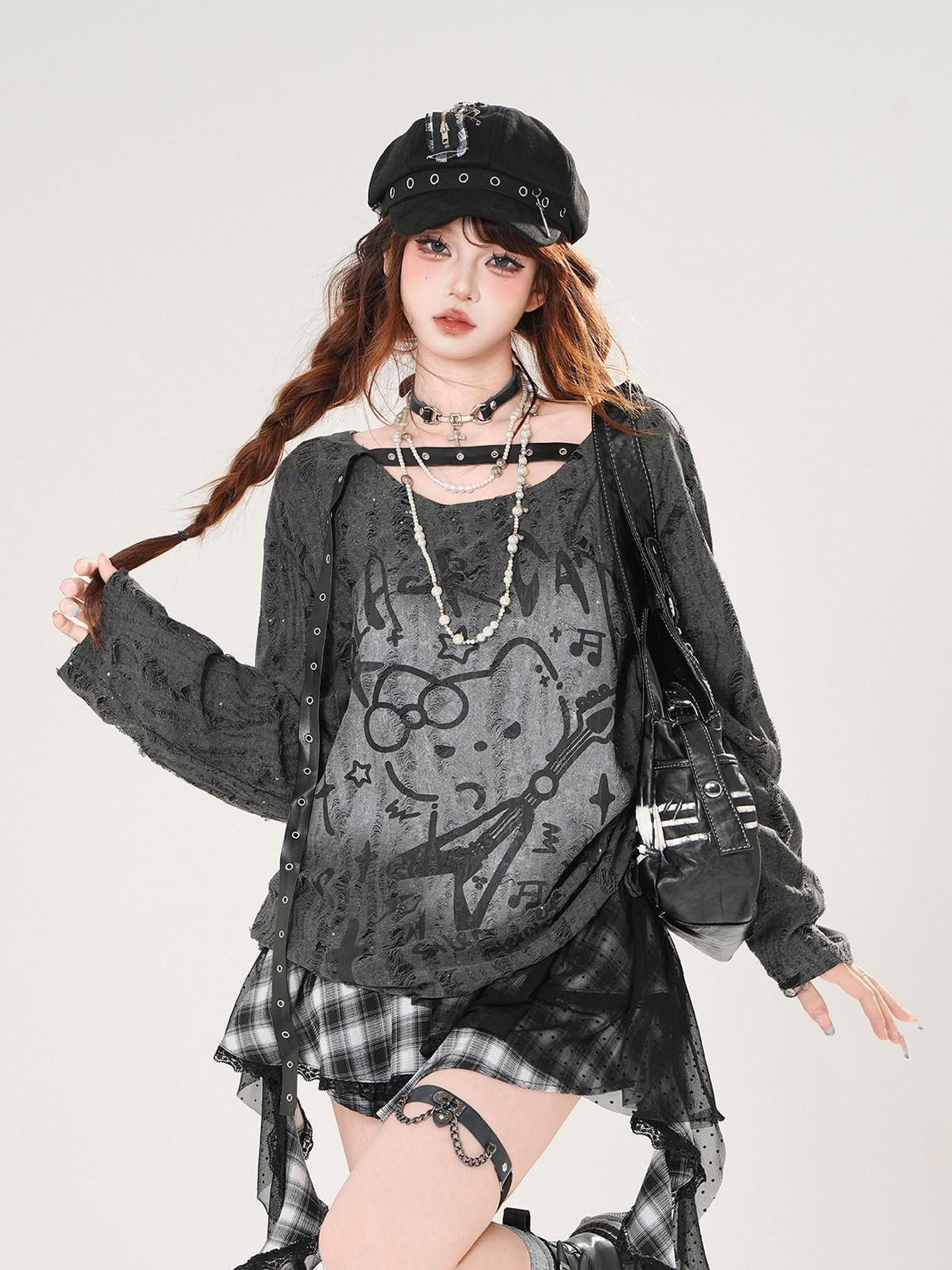 kelly kitty Guitar Cat Cutout Drawstring Relaxed Women&