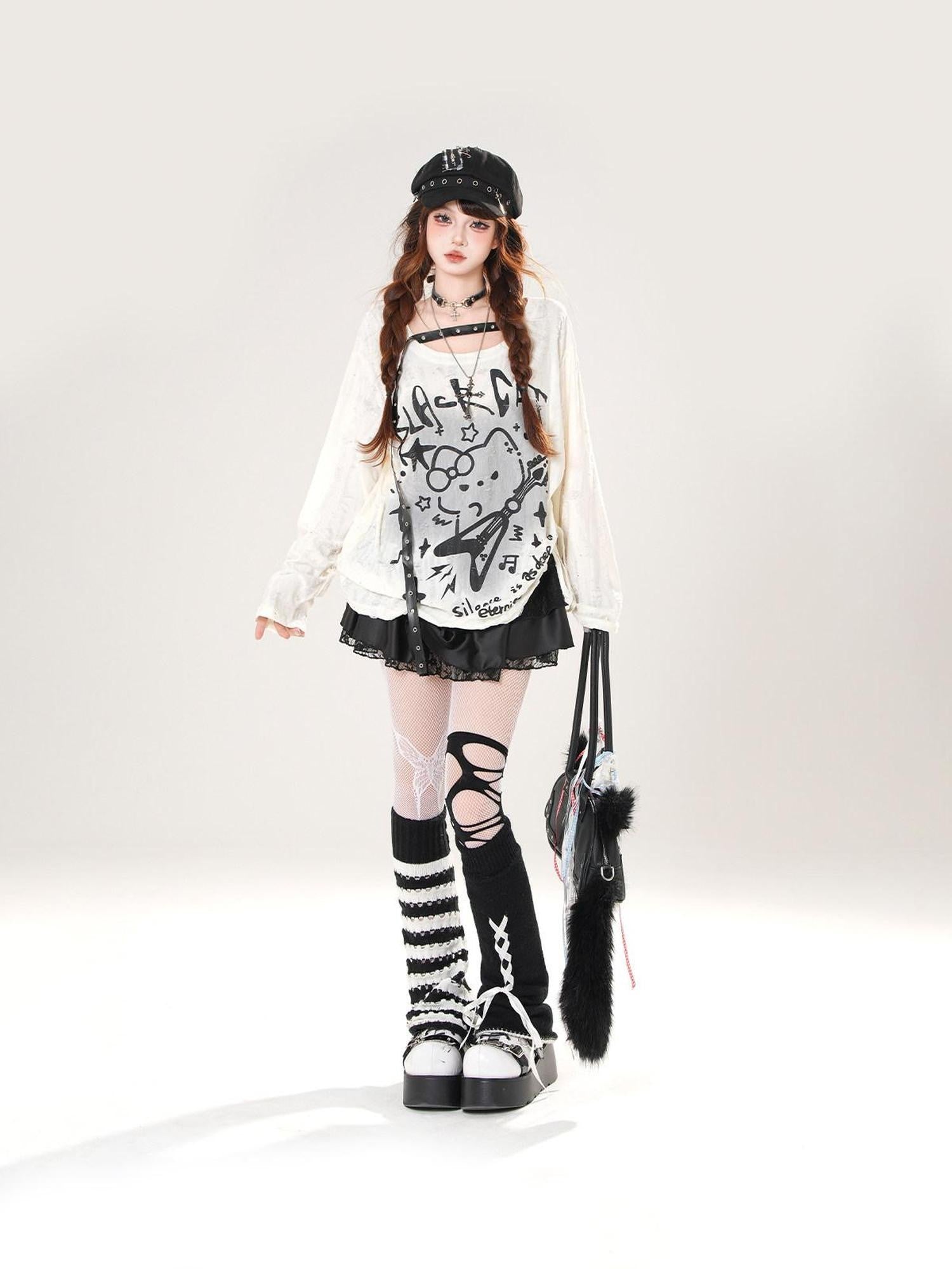 kelly kitty Guitar Cat Cutout Drawstring Relaxed Women&