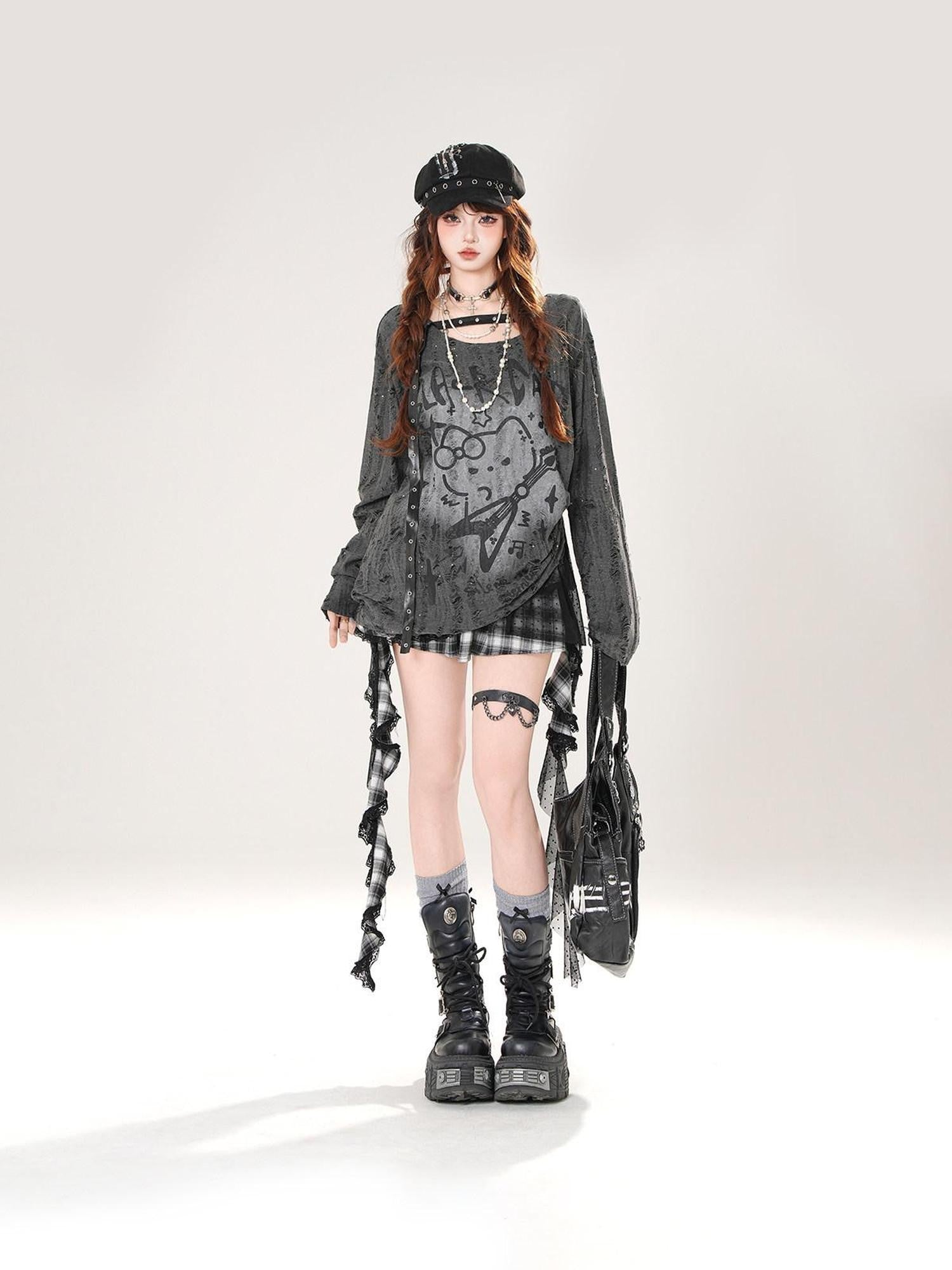 kelly kitty Guitar Cat Cutout Drawstring Relaxed Women&