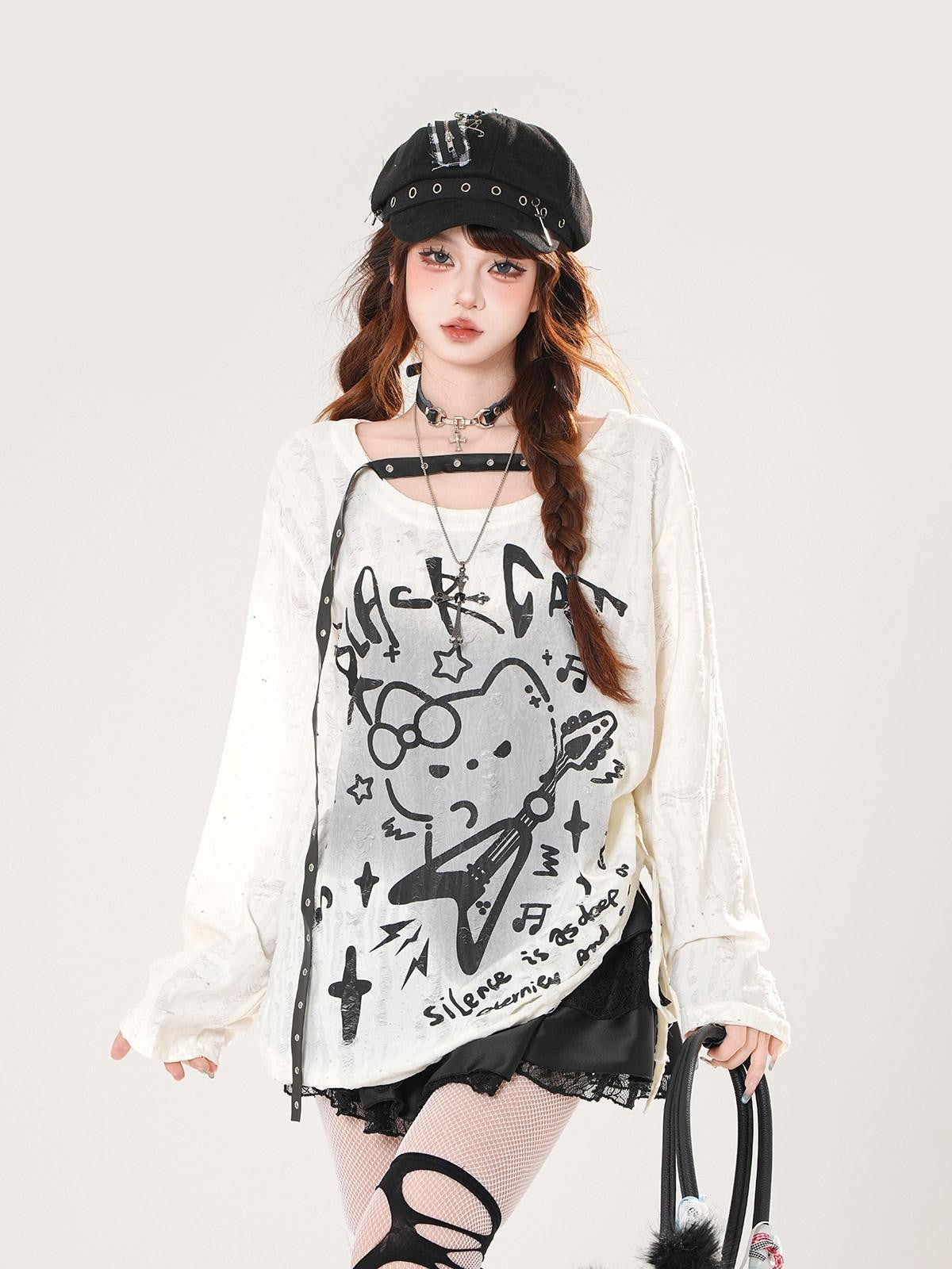 kelly kitty Guitar Cat Cutout Drawstring Relaxed Women&