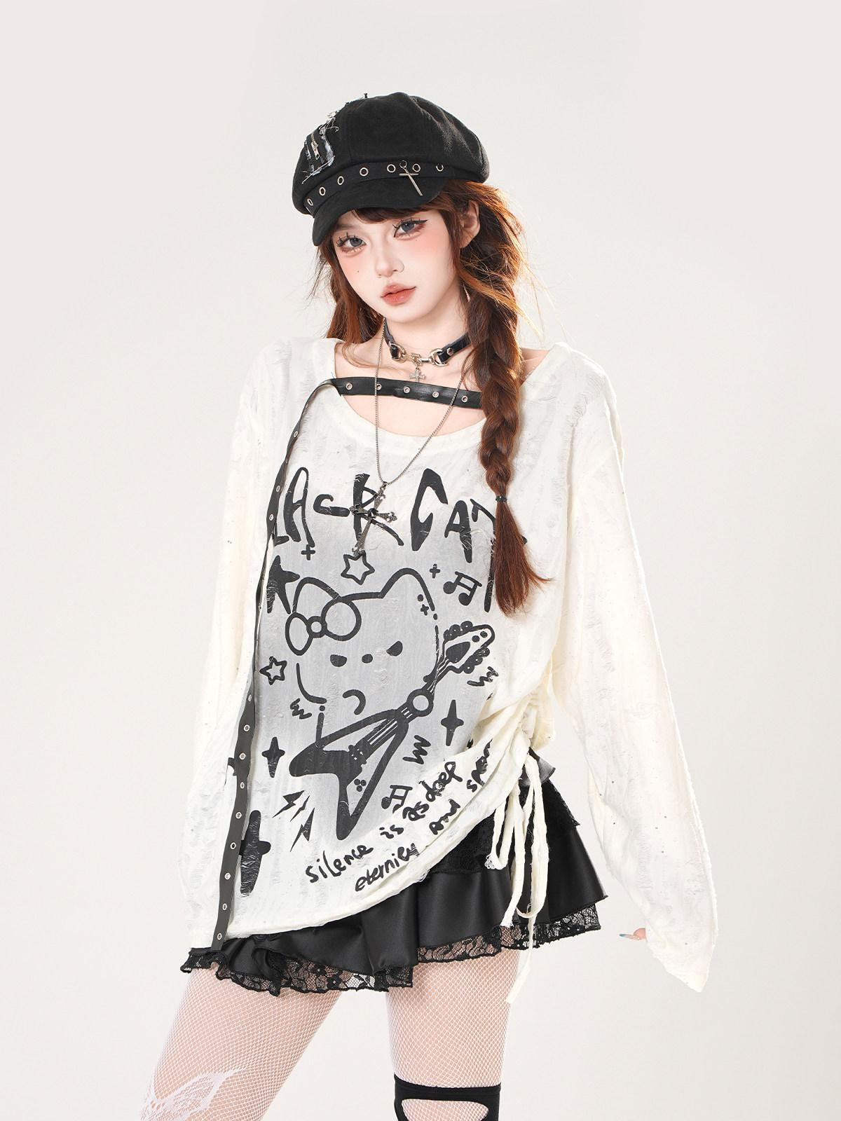 kelly kitty Guitar Cat Cutout Drawstring Relaxed Women&