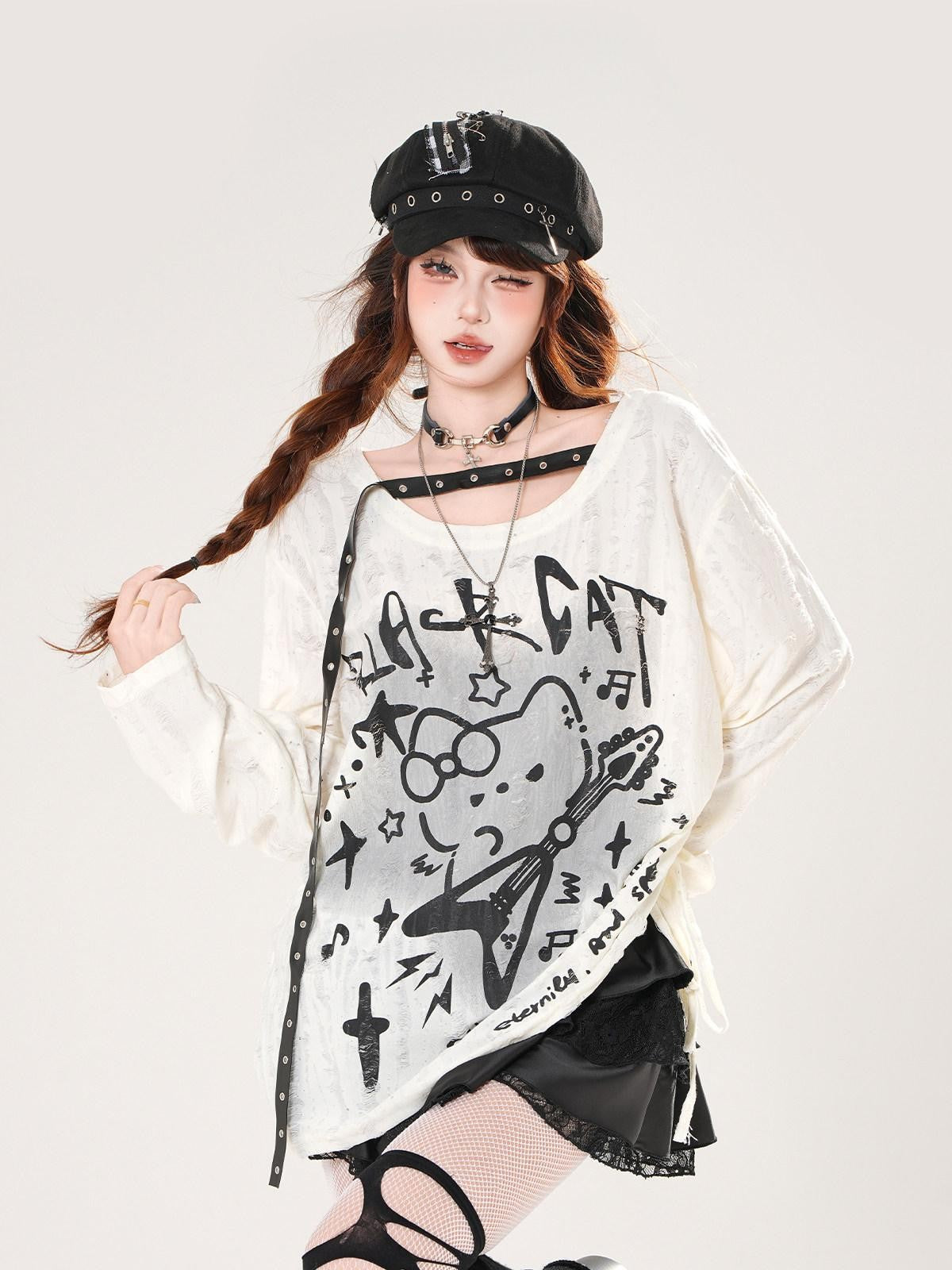 kelly kitty Guitar Cat Cutout Drawstring Relaxed Women&