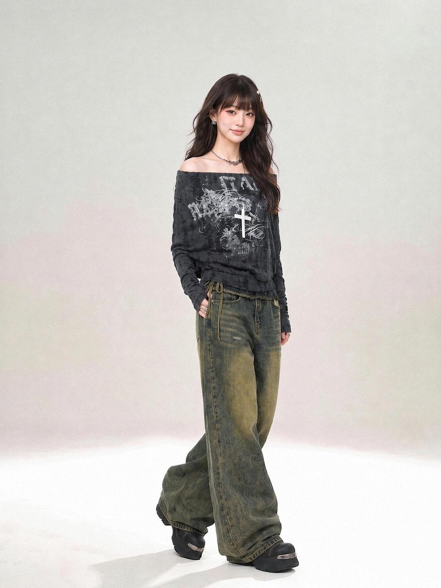 kelly kitty Itaewon Stroll Off Shoulder Distressed Cape Women&