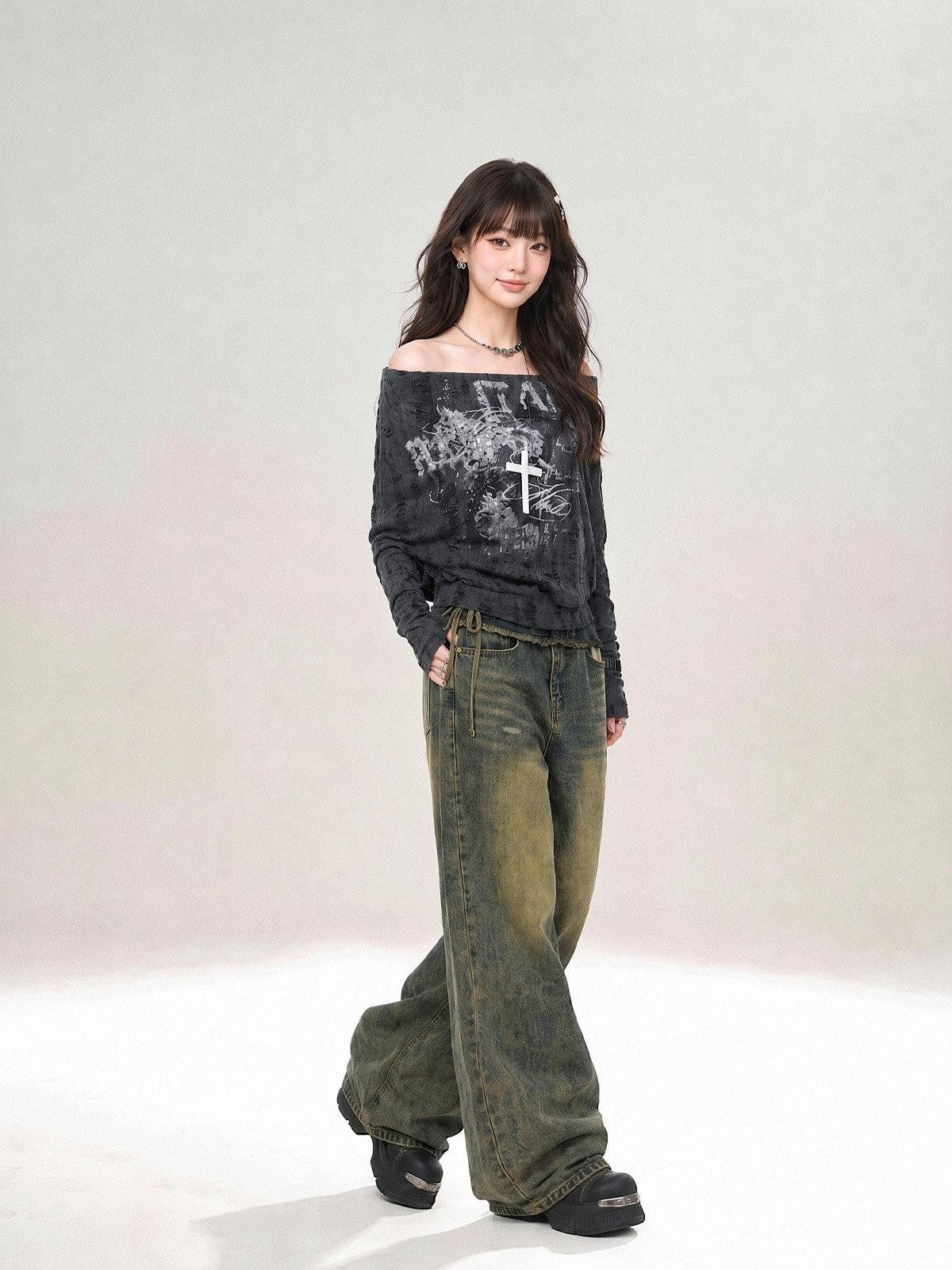 kelly kitty Itaewon Stroll Off Shoulder Distressed Cape Women&