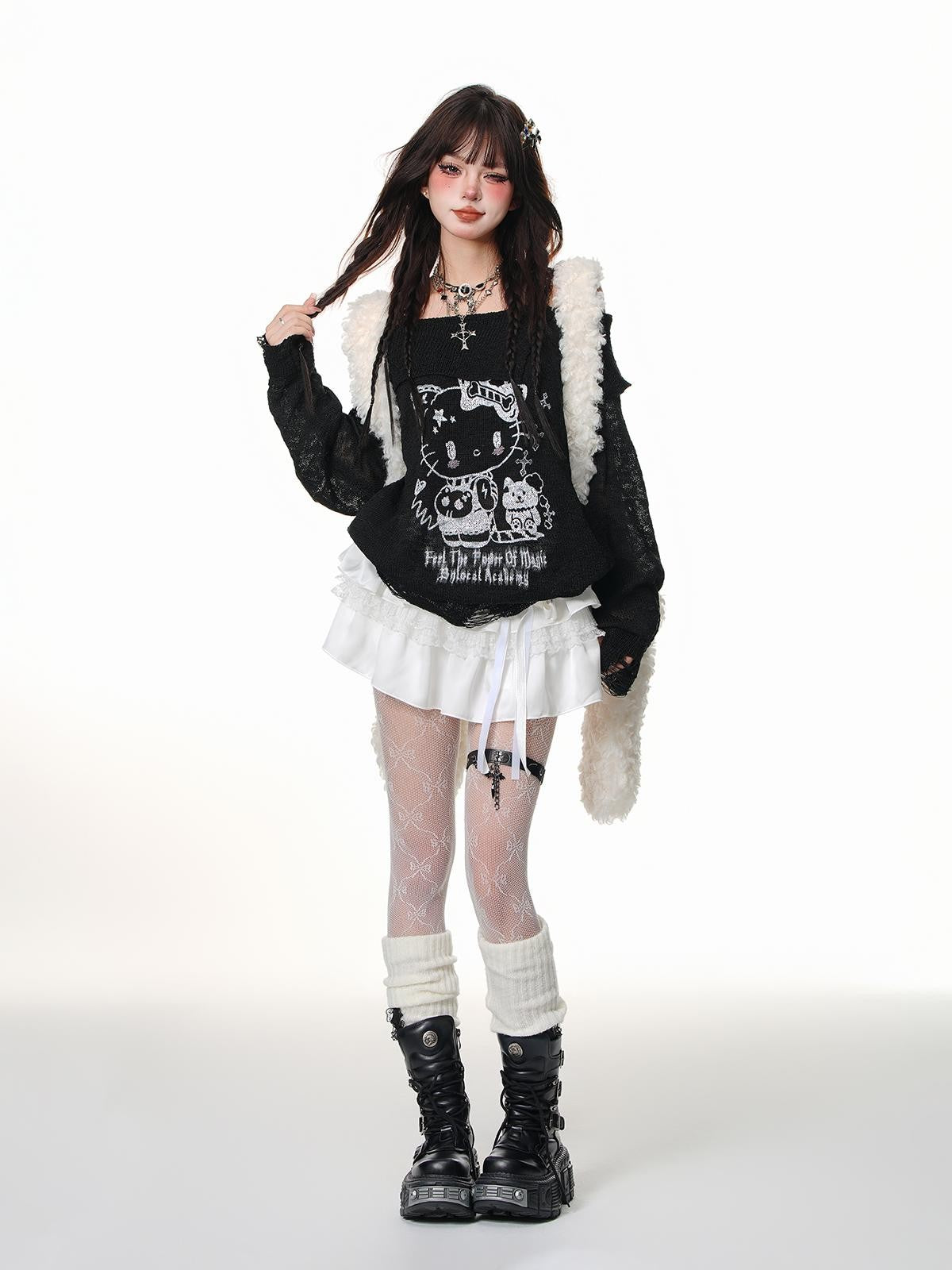 kelly kitty Ivory French Lace Tiered High Waist A Line Women&