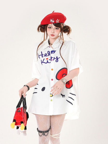 kelly kitty Kitten Print Sweet Short Sleeve Slimming Uv Protection Women&