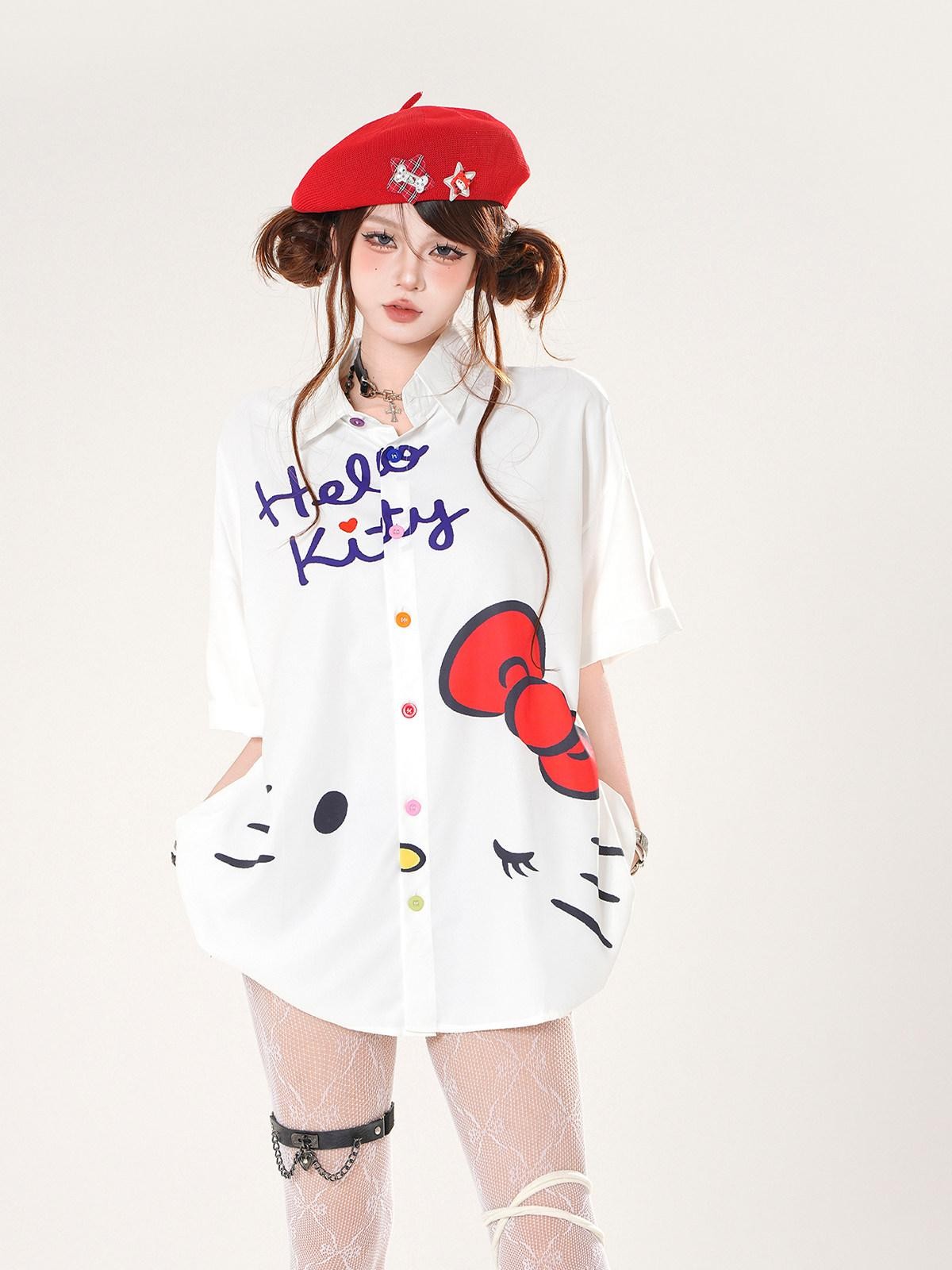 kelly kitty Kitten Print Sweet Short Sleeve Slimming Uv Protection Women&