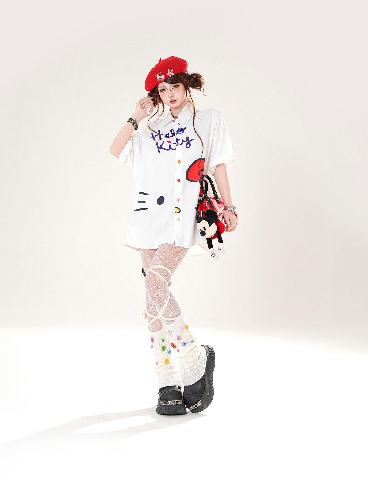 kelly kitty Kitten Print Sweet Short Sleeve Slimming Uv Protection Women&